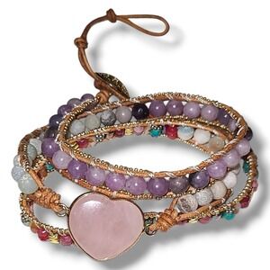 Rose Quartz Heart 5 Wrap Leather Bracelet Gemstone Beaded Boho Adjustable‎